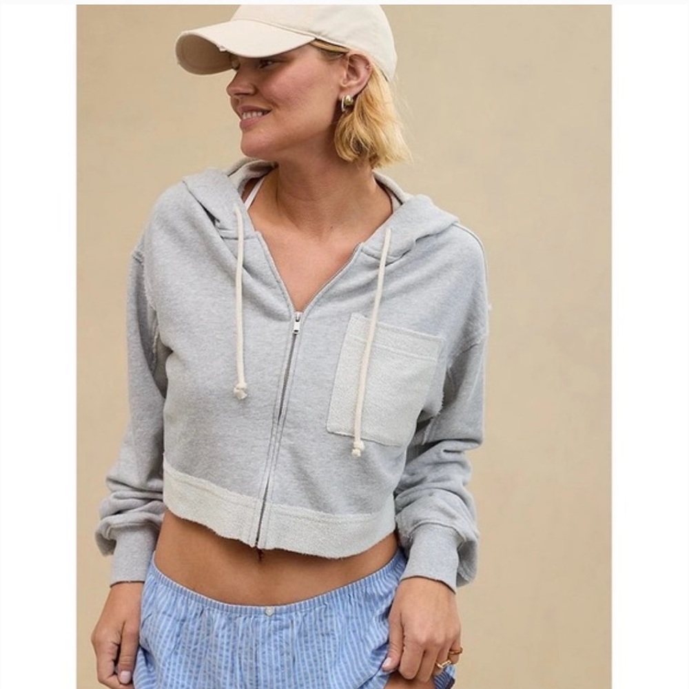 Aerie Cropped Oversized Color Block Zip Up Hoodie Sweater Jacket Grey Size XL